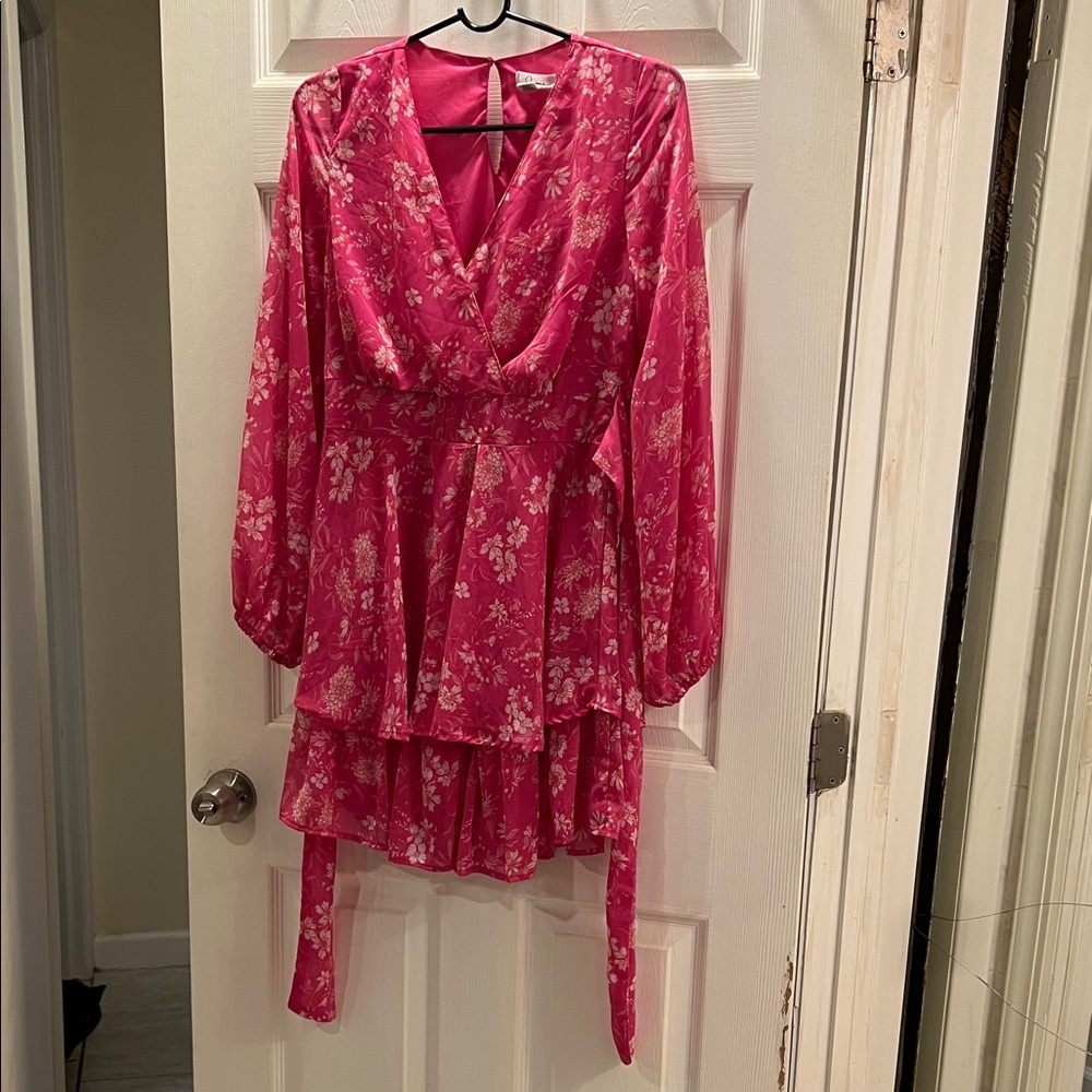 Japna Pink Floral Long Sleeve Tiered Dress with Waist Tie medium B6
